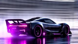 Aerodynamic futuristic car designed for optimal drifting with purple neon accents