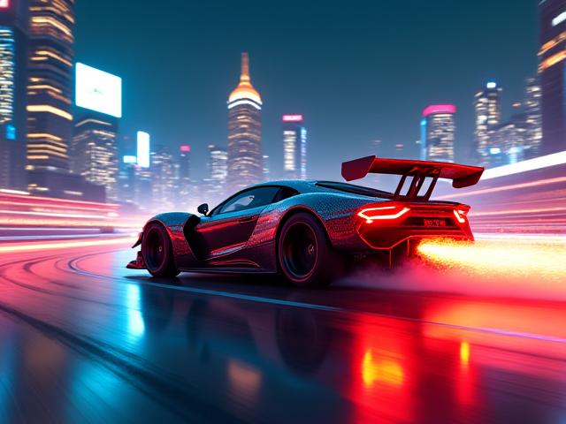 Futuristic racing car drifting with neon trails and weapon effects