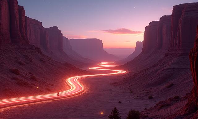 Desert canyon track with glowing energy lines and futuristic structures under a starlit sky