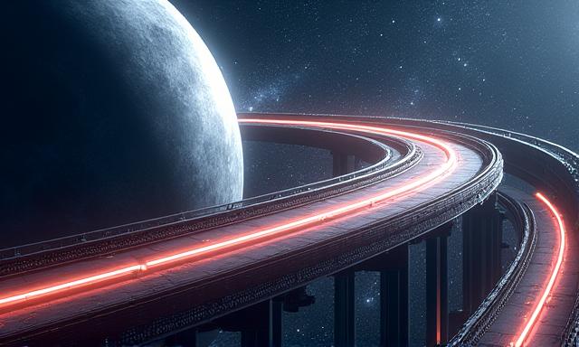 Floating futuristic race track in space with star fields and distant planets