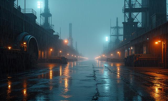 Rain-slicked futuristic industrial docks at night with glowing pipes and machinery