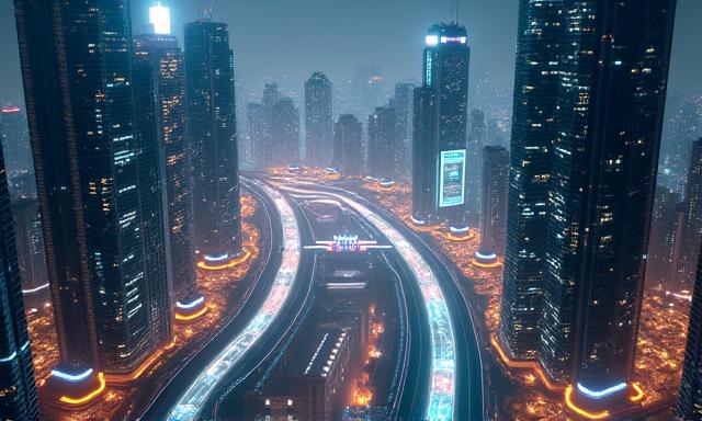 Futuristic city track at night with towering neon skyscrapers and glowing roads