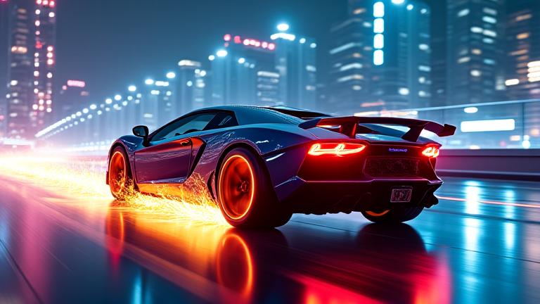 Futuristic car mid-air after a ramp jump, sparks flying, neon city lights in background.