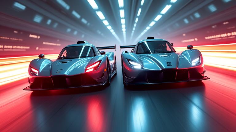 Two futuristic cars intensely battling for first place, side-by-side, motion blur, glowing exhaust.