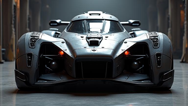An armored, heavy-duty futuristic racing vehicle, showcasing its robust design and weapon systems.