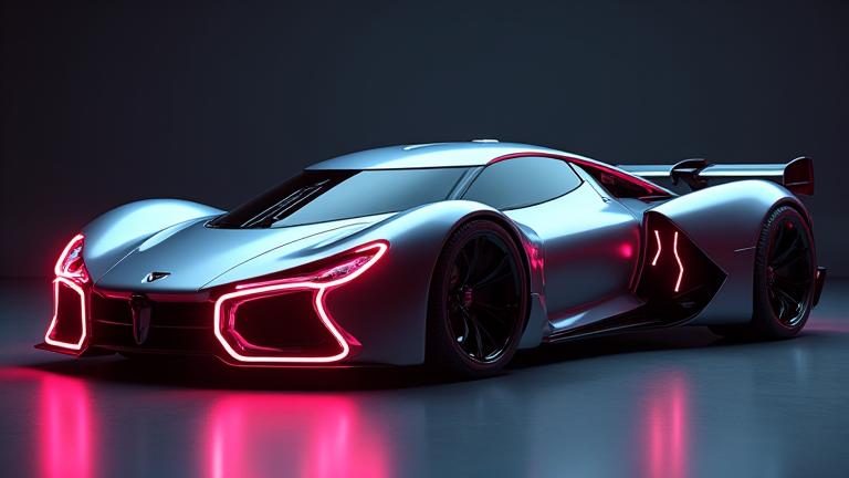 Close-up of a sleek, custom futuristic sports car, glowing with neon accents under studio lights.