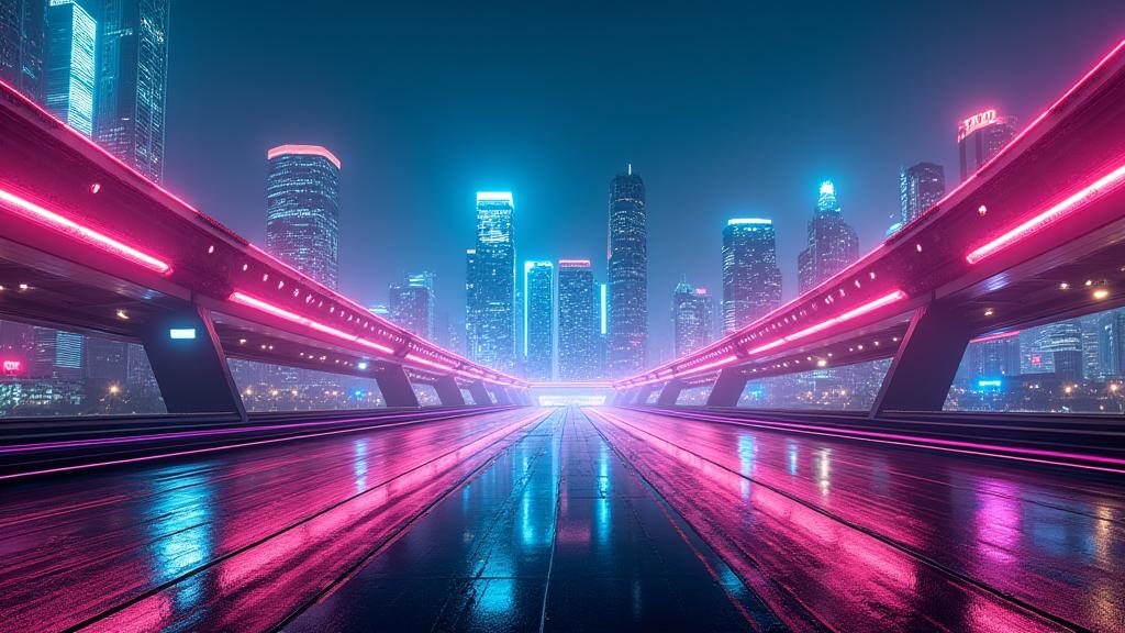 Panoramic view of a neon-soaked cyberpunk city track at night, detailed reflections on wet asphalt.