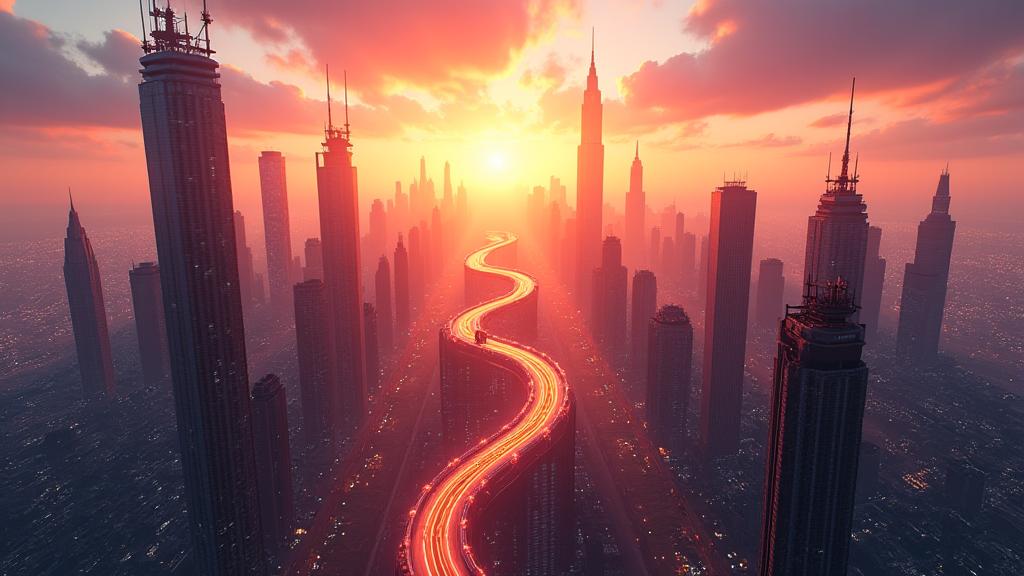 Future city skyline at sunset, with a racing track winding through skyscrapers, beautiful light contrasts.