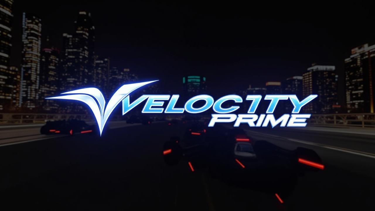 High-resolution desktop wallpaper featuring the Velocity Prime logo and a futuristic race car on a dark, neon background.