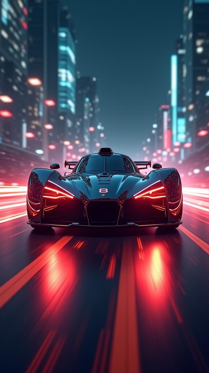 Vertical mobile wallpaper featuring a dynamic futuristic race car, glowing trails, optimized for phone screens.