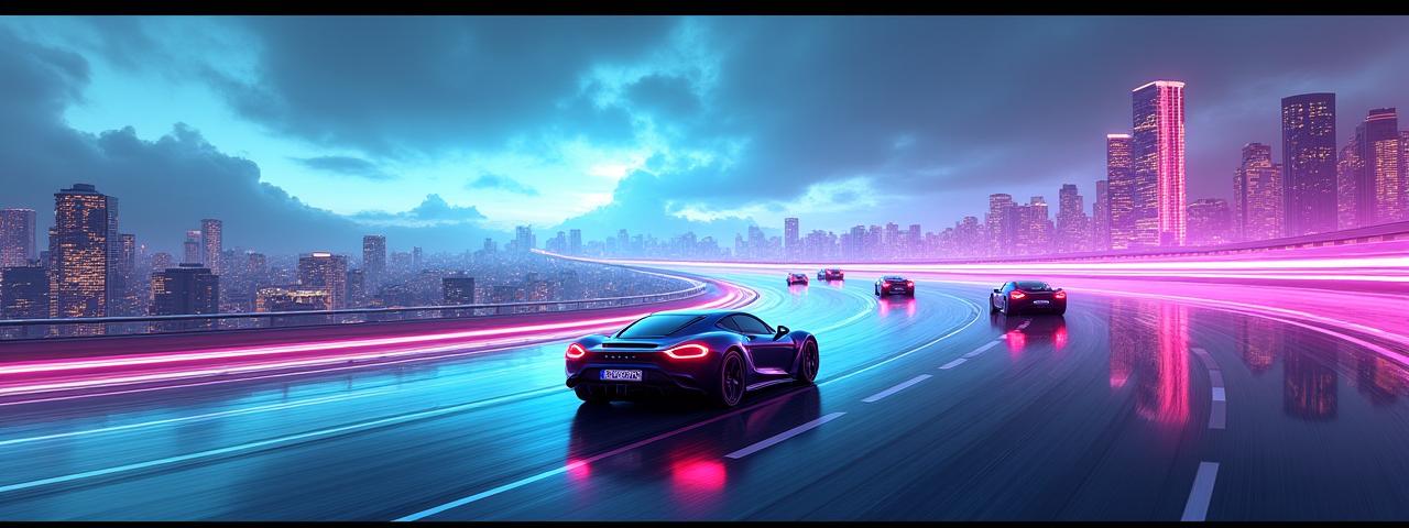 Ultrawide monitor wallpaper of a futuristic race in progress, spanning a wide aspect ratio, intense action.
